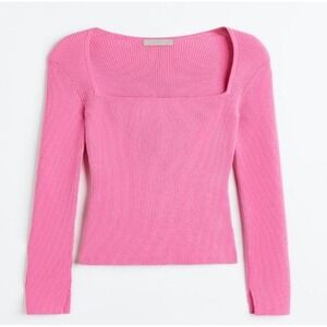 H&M Pink Ribbed Square Neck Sweater Long Sleeve Knit Top Womens